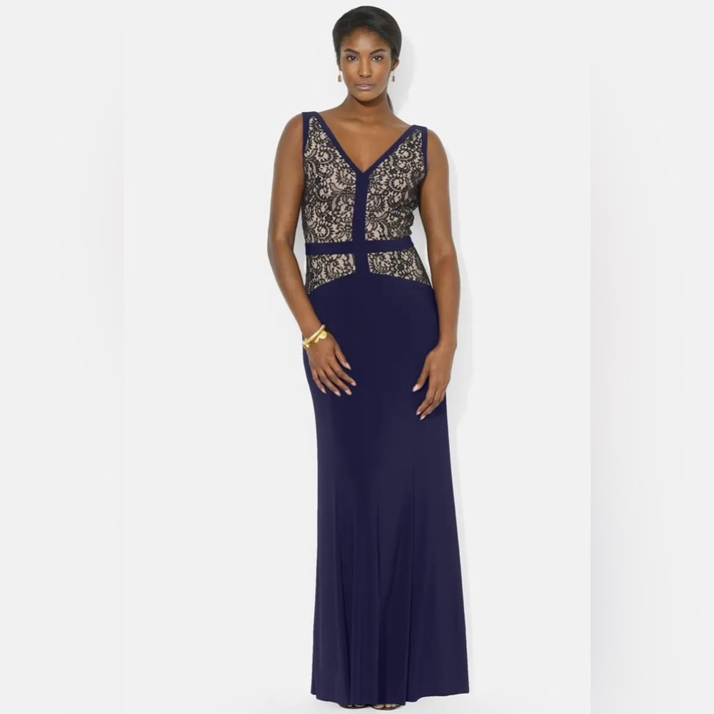 LAUREN RALPH LAUREN Lace and Jersey V Neck Maxi Gown Navy Blue Formal Evening 2